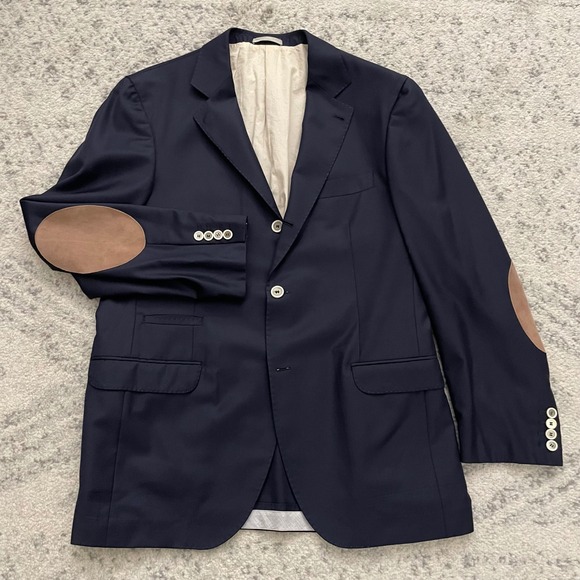 Brunello Cucinelli 3 Button Sport Blazer Leather Elbow Patch Wool Navy 52IT/42US - Picture 1 of 6